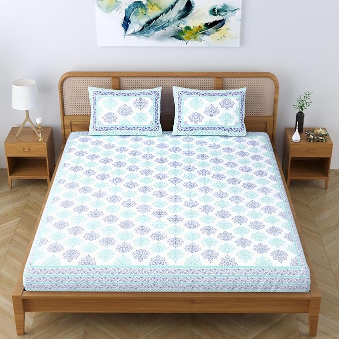 Colorish Jaipuri Traditional Floral Printed Bed Sheet With 2 Pillow Covers | Spectral Blue