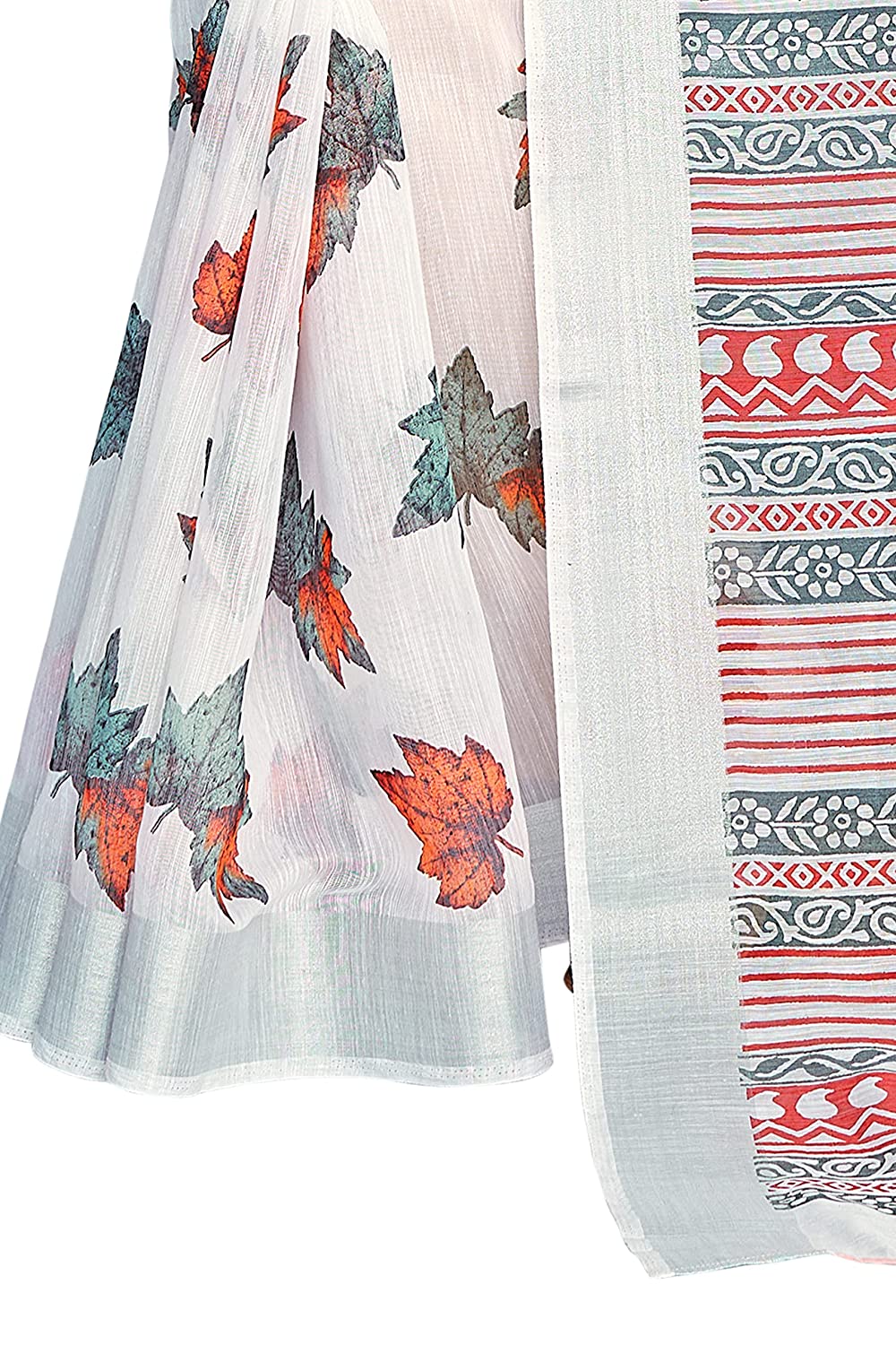 Mirchi Fashion Women's White Cotton Blend Blossom Leafs Printed Saree