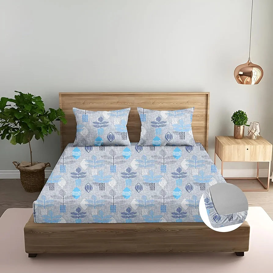 Trance Home Linen Pure 100% Cotton 144Tc Printed King Fitted Bedsheet with 2 Pillow Covers 144 tc Textured Leaves Colour Blue