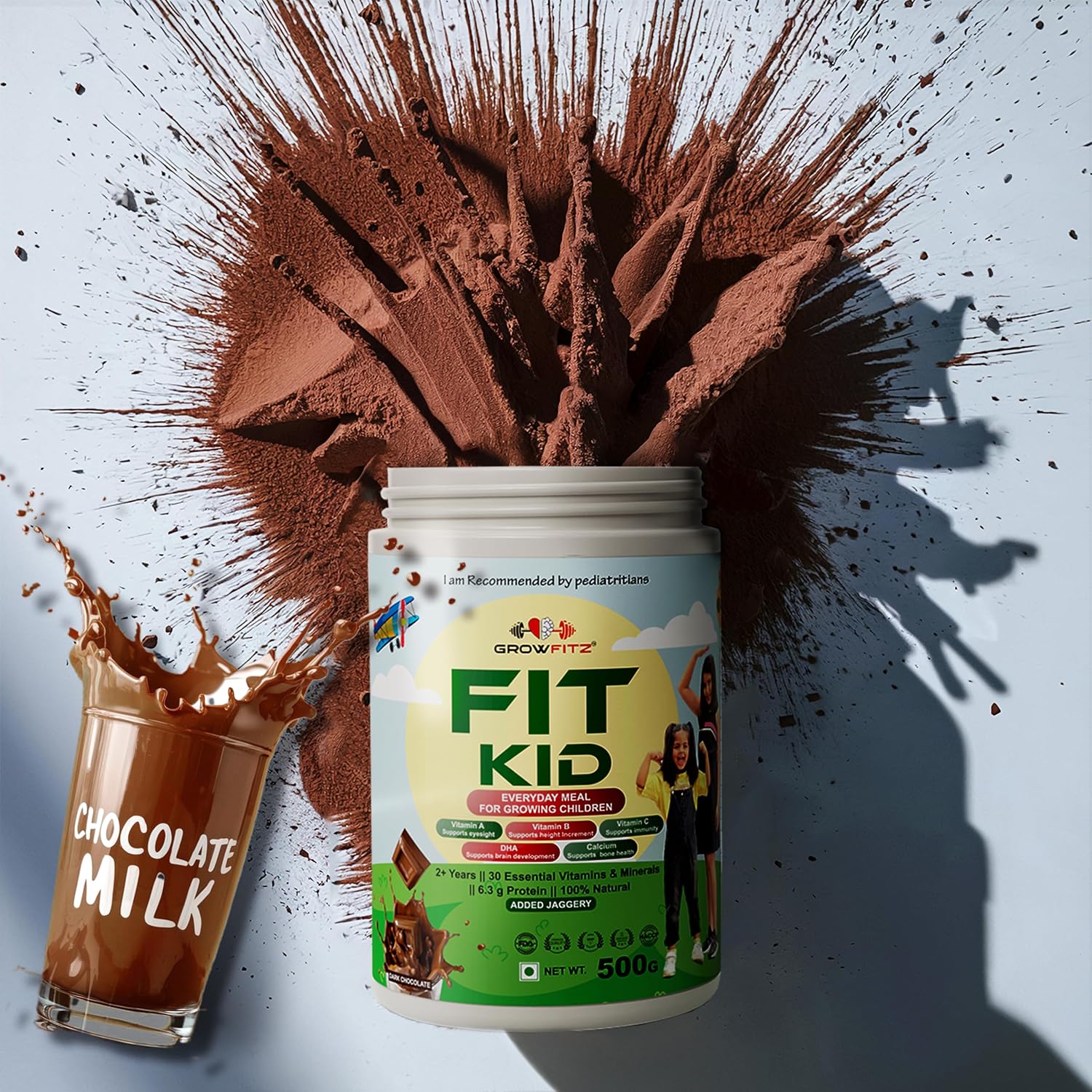 Growfitz FitKid | Natural Healthy Everyday Meal for Kids 2-18 | No Added Sugar | Supports Bone Strength, Immunity, Brain Development | 6.3g Protein | Almonds, Walnut, Ragi, Bajra (400g, Chocolate)