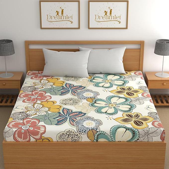 Dreamlet All Around Elastic Supersoft 210tc Premium Cotton Elastic Fitted Bedsheets With 2 King Size Pillow Covers | Mutlicolor
