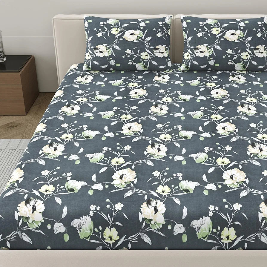 Dreamscape Microfibre Wrinkle & Fade Resistant Fitted Bedsheet for King Bed 140TC 1 Fitted Bed Sheet  with 2 Pillow Covers Dk. Grey Anchor Color