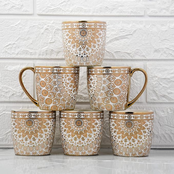 Femora Premium Ceramic Floral Medallion Coffee & Tea Cup Set of 6 | 160 Ml | Golden