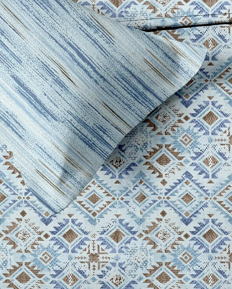 Trance Home Linen 100% Cotton 180 TC Bedsheet Queen Size Printed Fitted Bedspread with 2 Pillow Covers Silken Colour Mosaic Blue