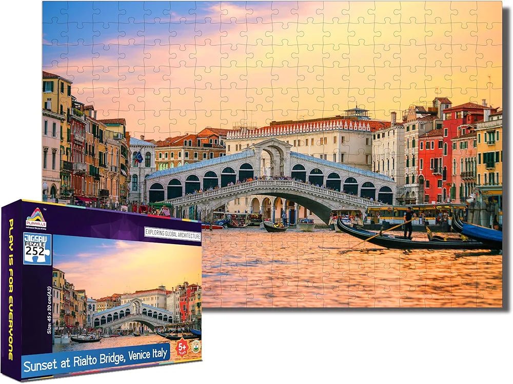 Playhills Sunset Rialto Bridge Venice 252 Piece Wooden Jigsaw Puzzle for Kids 10+ Travel & Architecture Learning Game