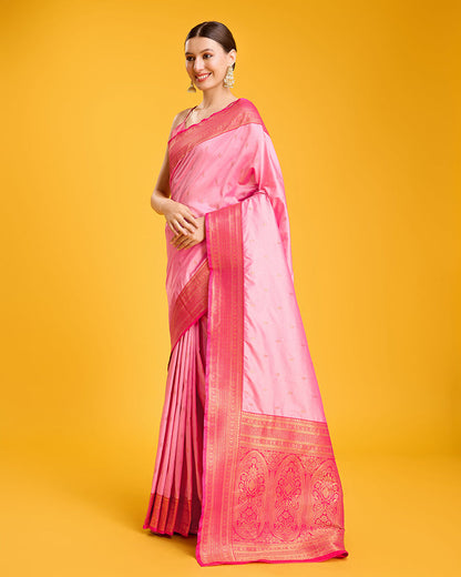 Monjolika Fashion Elegant Light Pink Banarasi With Intricate Zari Work With Rich Brocade Patterns Silk Saree