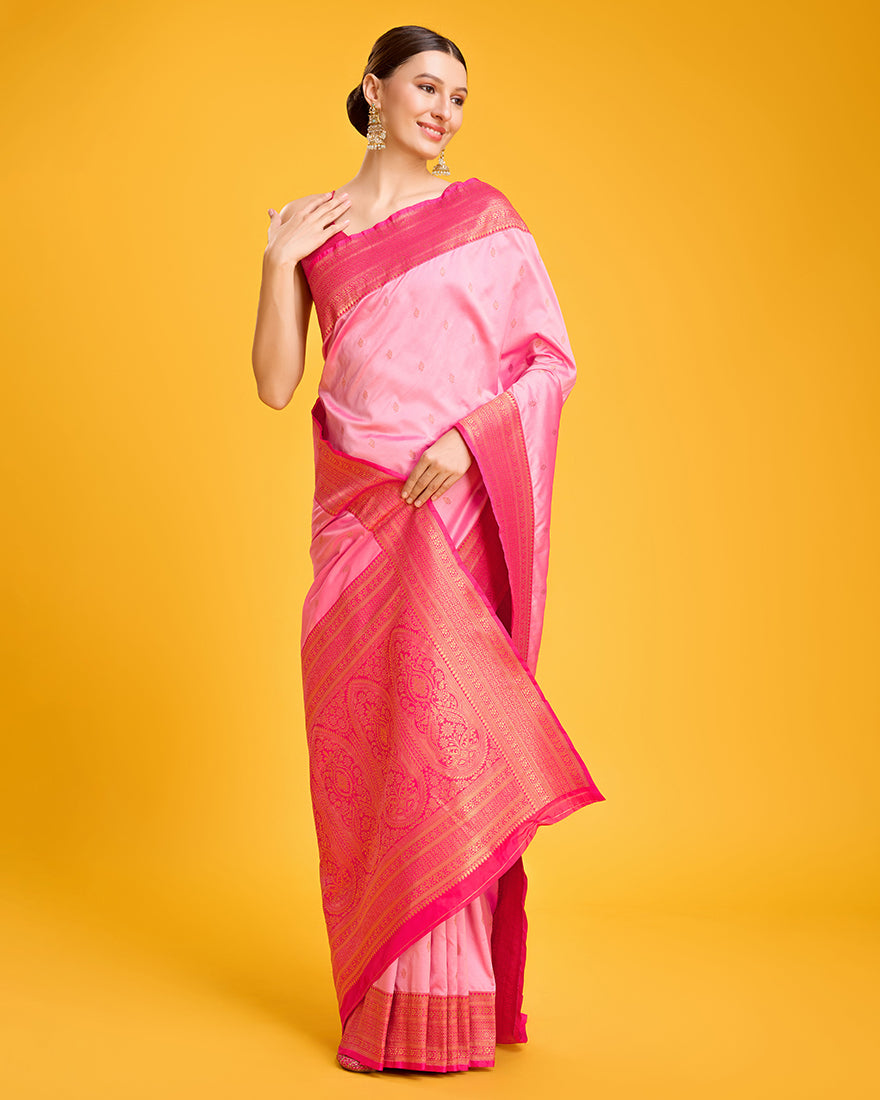 Monjolika Fashion Elegant Light Pink Banarasi With Intricate Zari Work With Rich Brocade Patterns Silk Saree