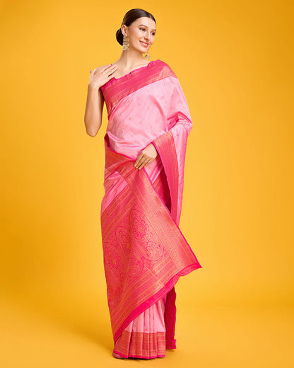 Monjolika Fashion Elegant Light Pink Banarasi With Intricate Zari Work With Rich Brocade Patterns Silk Saree