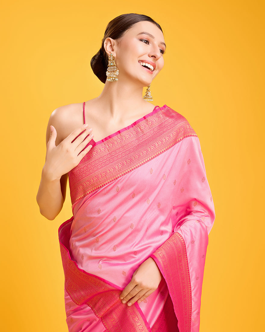 Monjolika Fashion Elegant Light Pink Banarasi With Intricate Zari Work With Rich Brocade Patterns Silk Saree