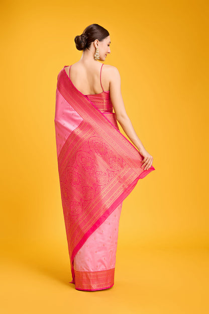 Monjolika Fashion Elegant Light Pink Banarasi With Intricate Zari Work With Rich Brocade Patterns Silk Saree
