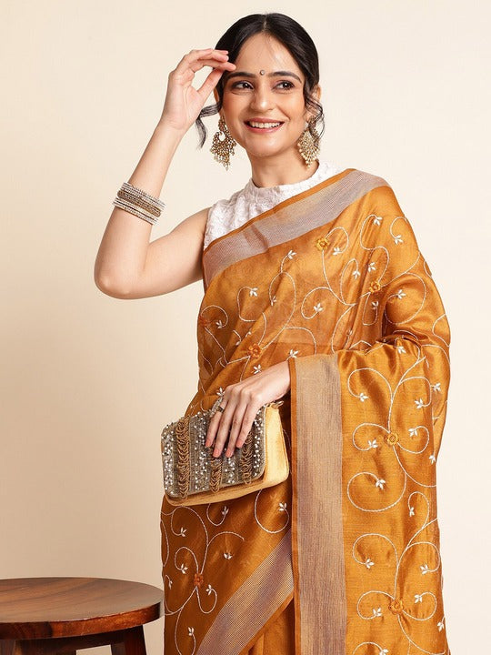 Fabmora Floral Embroidered Zari Saree