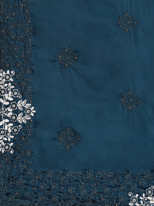 Anouk Blue Floral Embroidered Satin Saree
