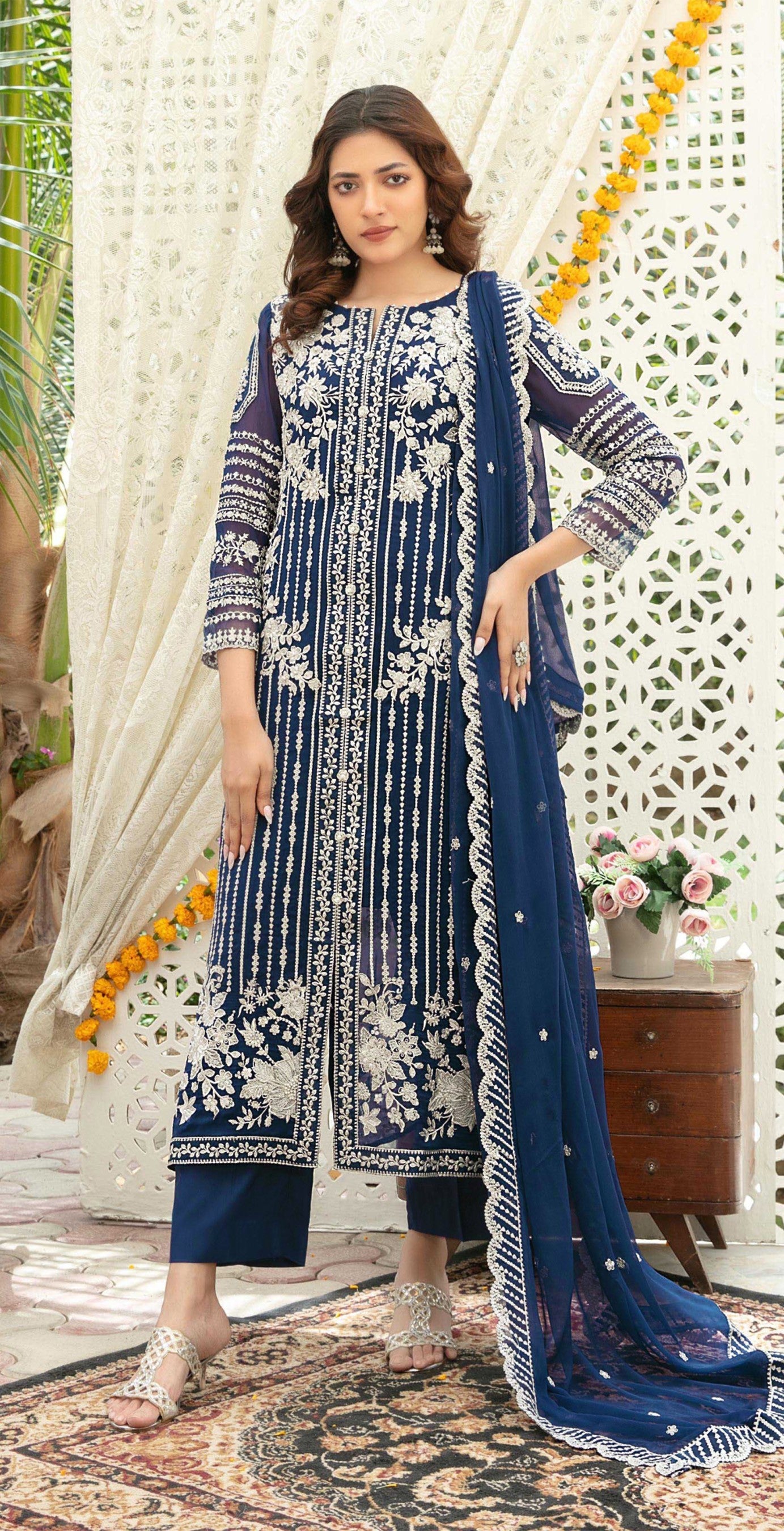 Anaita Navy Chiffon Semi Stitched Suit with Thread Embroidery & Sequence Work