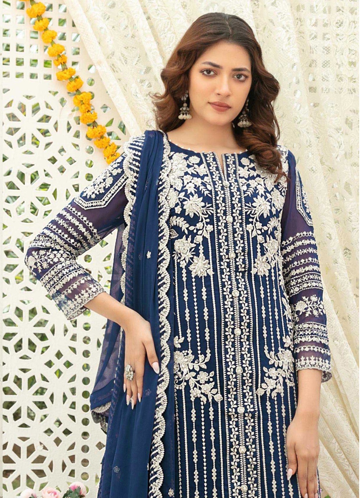 Anaita Navy Chiffon Semi Stitched Suit with Thread Embroidery & Sequence Work