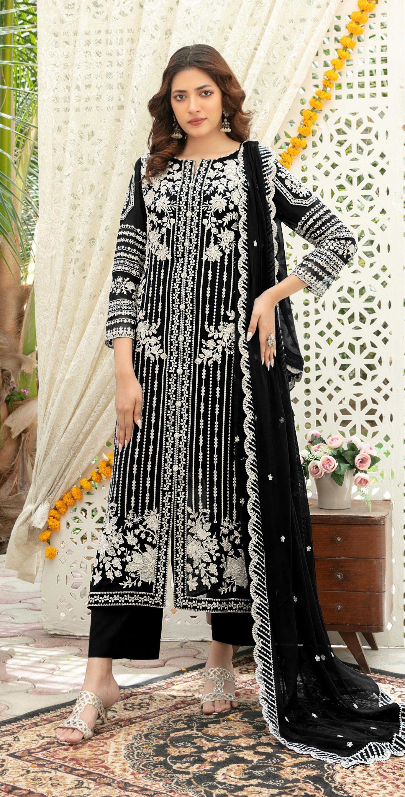 Anaita Black Chiffon Semi Stitched Suit with Thread Embroidery & Sequence Work