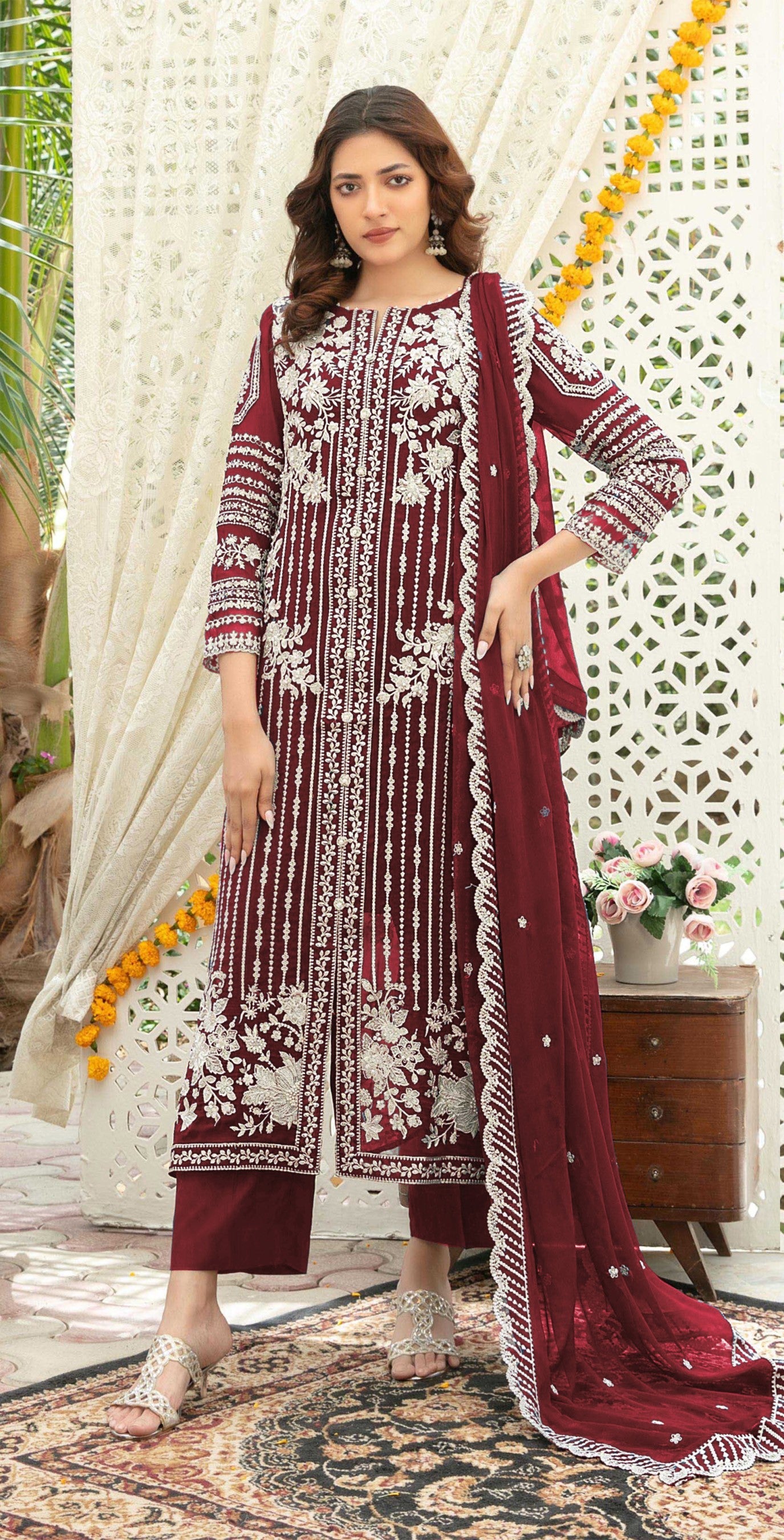 Anaita Maroon Chiffon Semi Stitched Suit with Thread Embroidery & Sequence Work