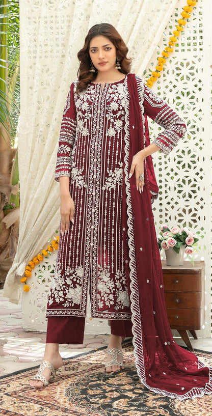 Anaita Maroon Chiffon Semi Stitched Suit with Thread Embroidery & Sequence Work