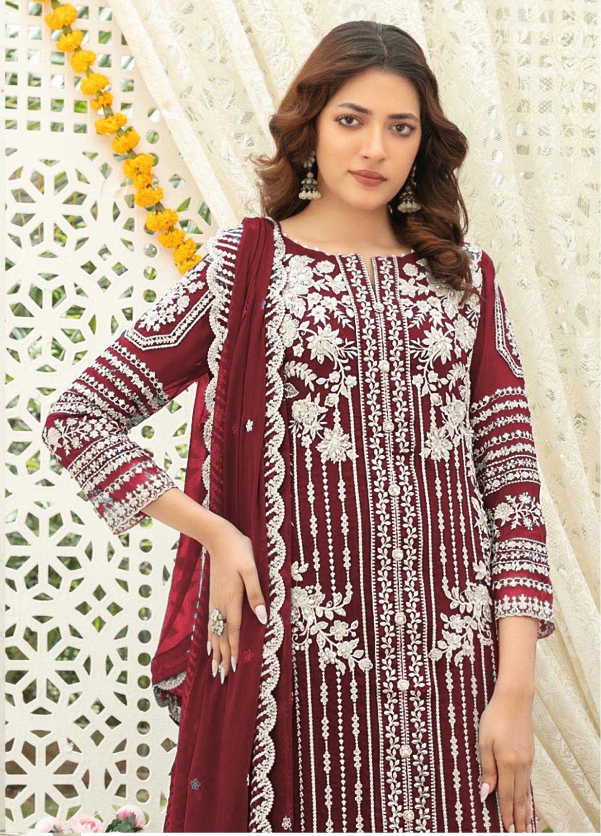 Anaita Maroon Chiffon Semi Stitched Suit with Thread Embroidery & Sequence Work
