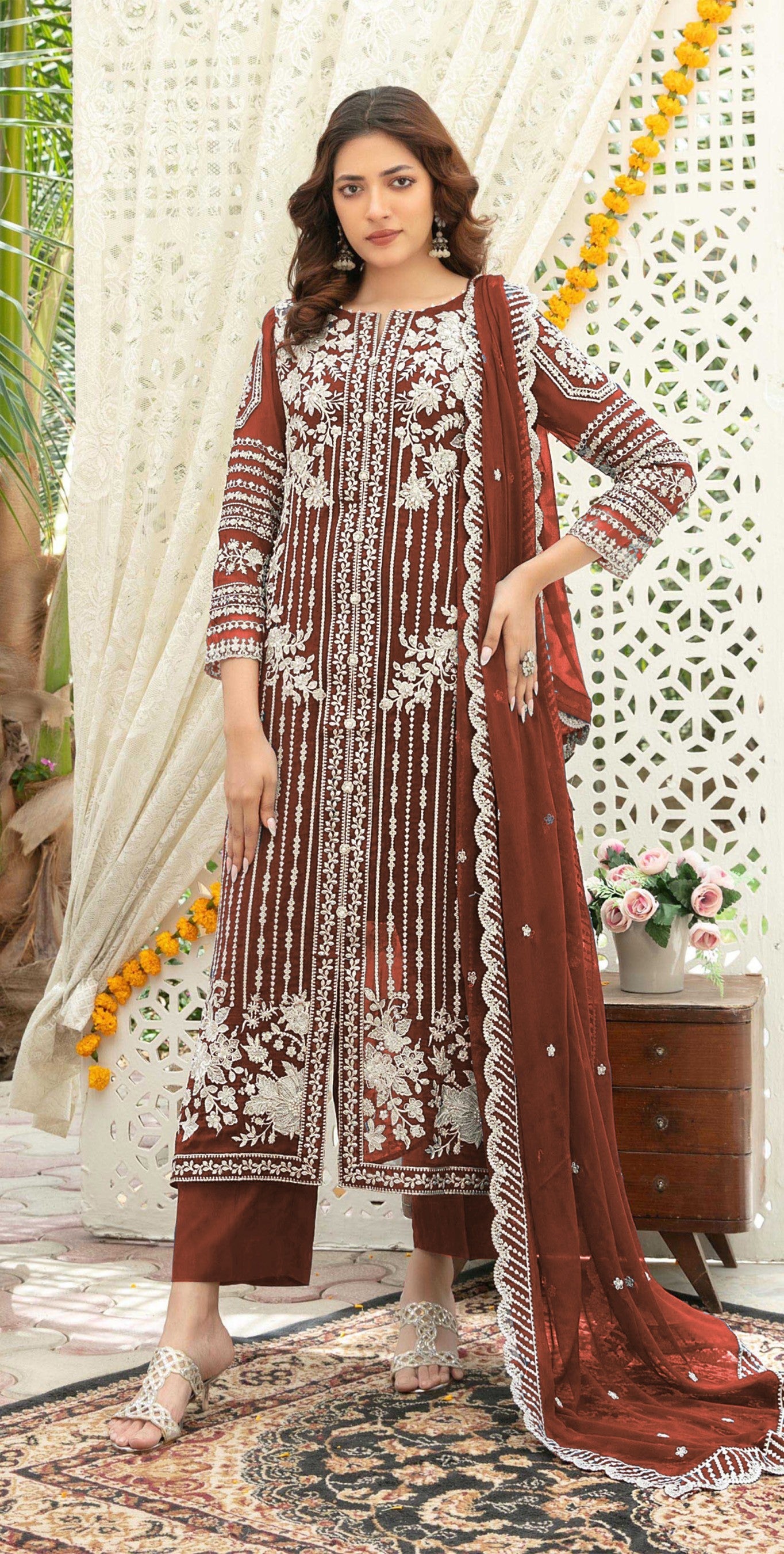 Anaita Brown Chiffon Semi Stitched Suit with Thread Embroidery & Sequence Work