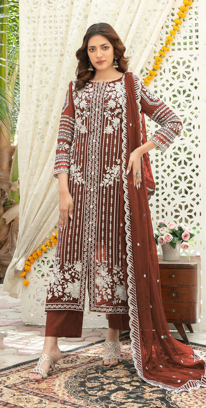 Anaita Brown Chiffon Semi Stitched Suit with Thread Embroidery & Sequence Work