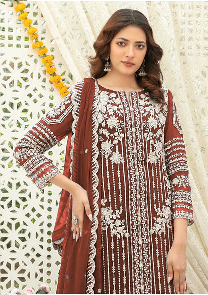 Anaita Brown Chiffon Semi Stitched Suit with Thread Embroidery & Sequence Work