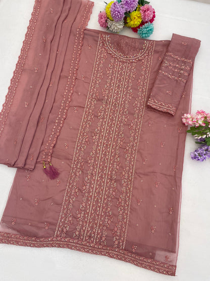 Anaita Peach Chiffon Semi Stitched Suit with Thread Embroidery & Sequence Work