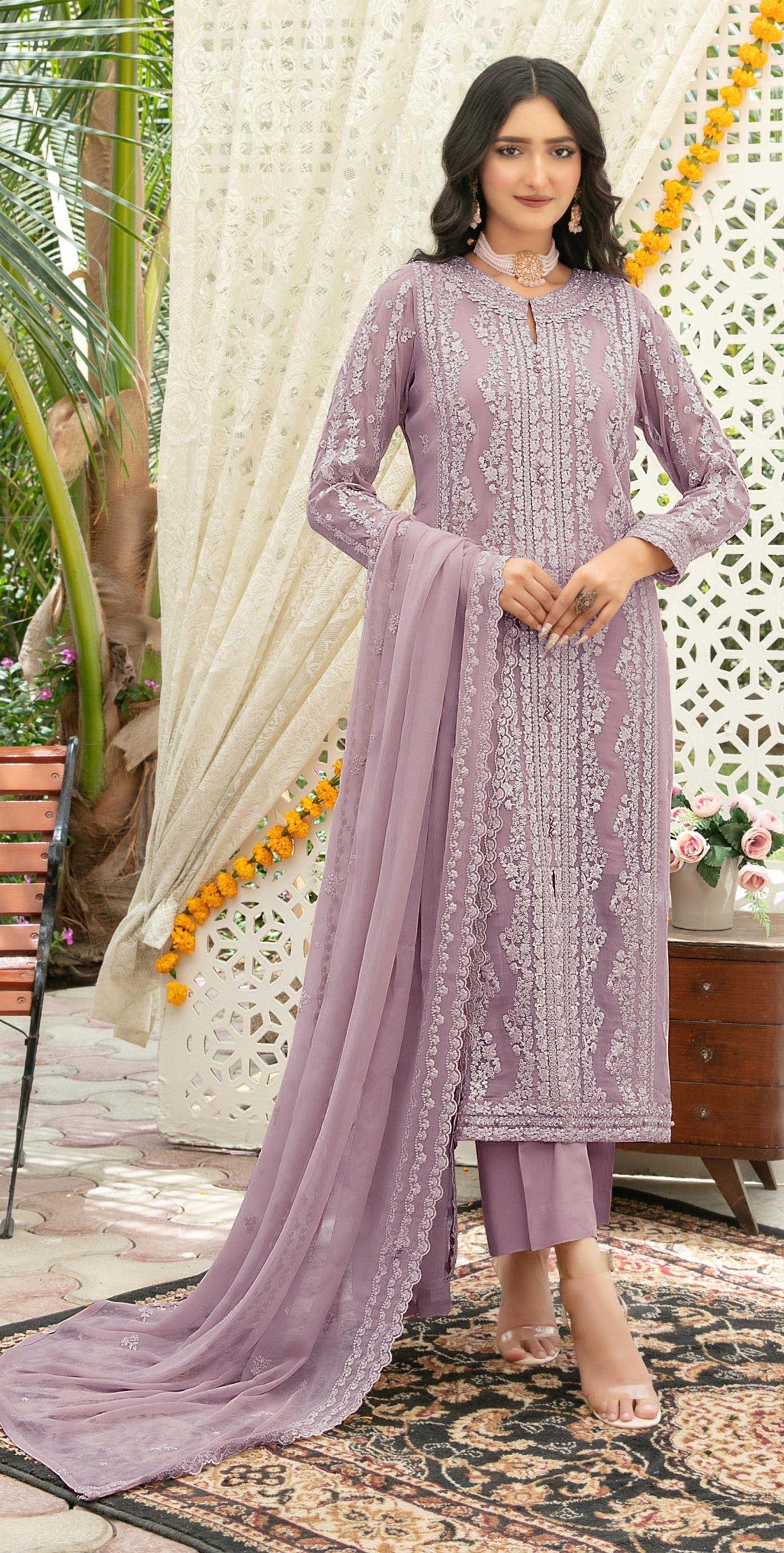 Anaita Lavender Chiffon Semi Stitched Suit with Thread Embroidery & Sequence Work