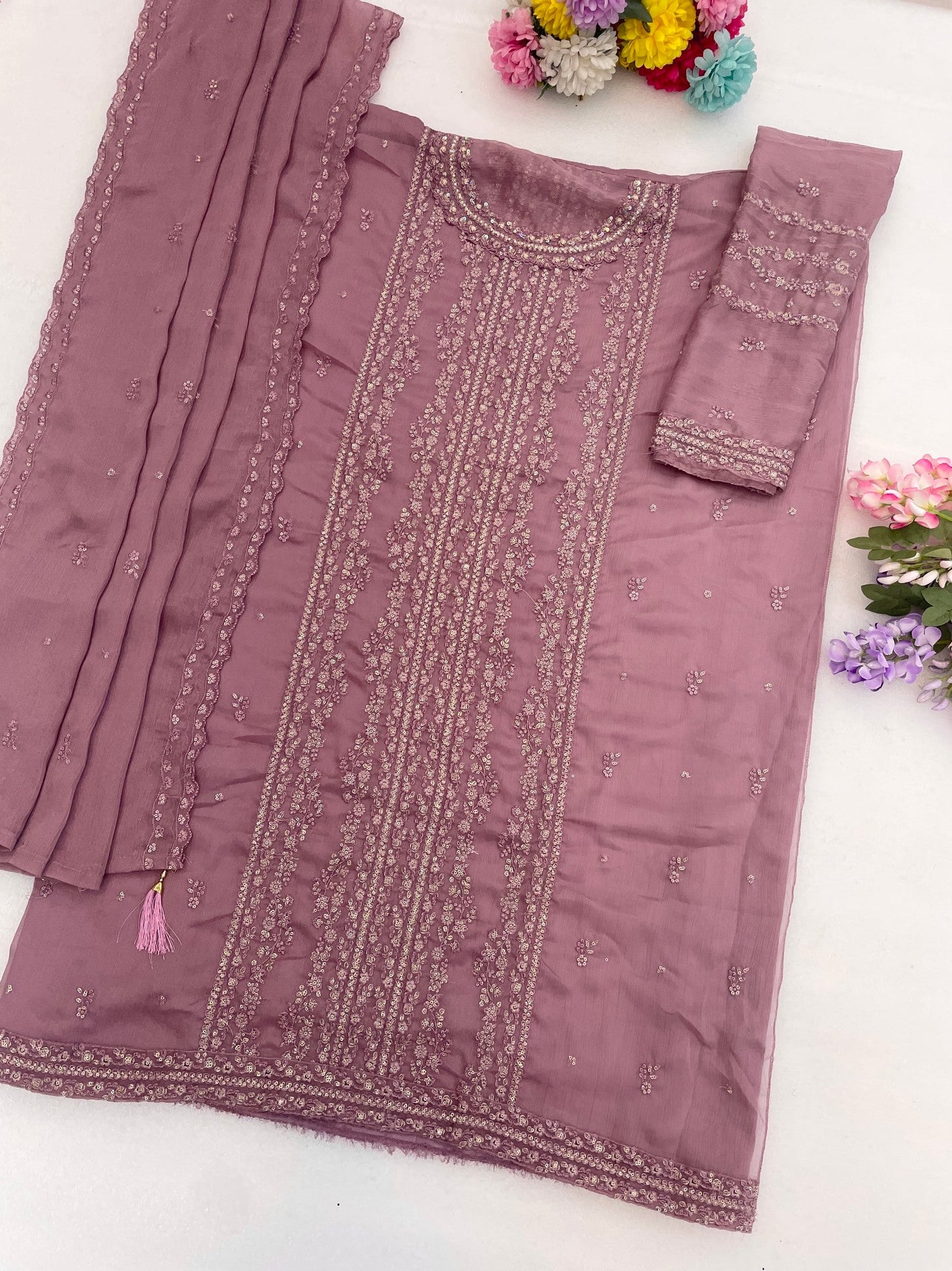 Anaita Lavender Chiffon Semi Stitched Suit with Thread Embroidery & Sequence Work