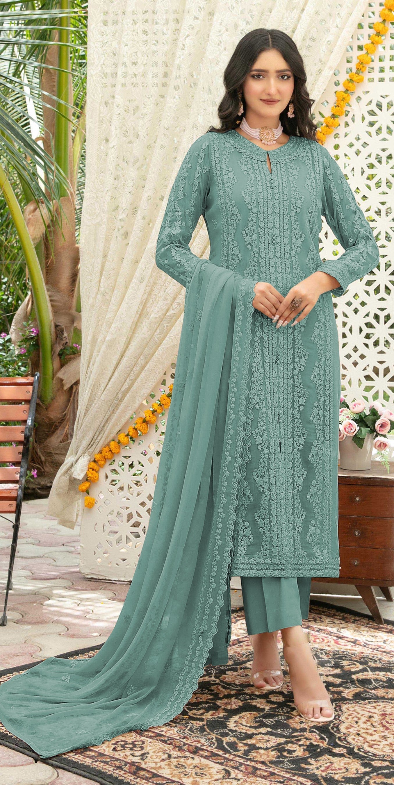 Anaita Aqua Blue Chiffon Semi Stitched Suit with Thread Embroidery & Sequence Work