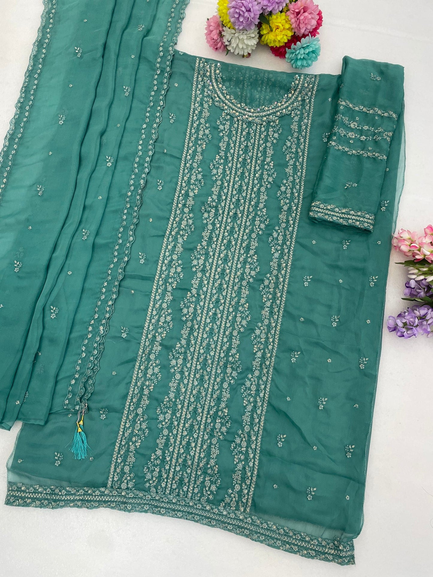 Anaita Aqua Blue Chiffon Semi Stitched Suit with Thread Embroidery & Sequence Work