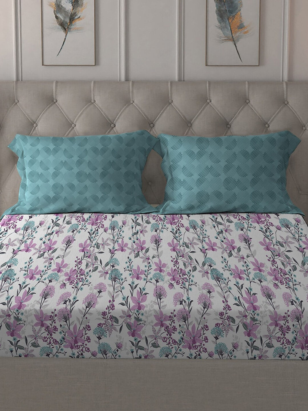 MYTRIDENT Violet White Floral Cotton 144 TC Queen Bedsheet With 2 Pillow Covers