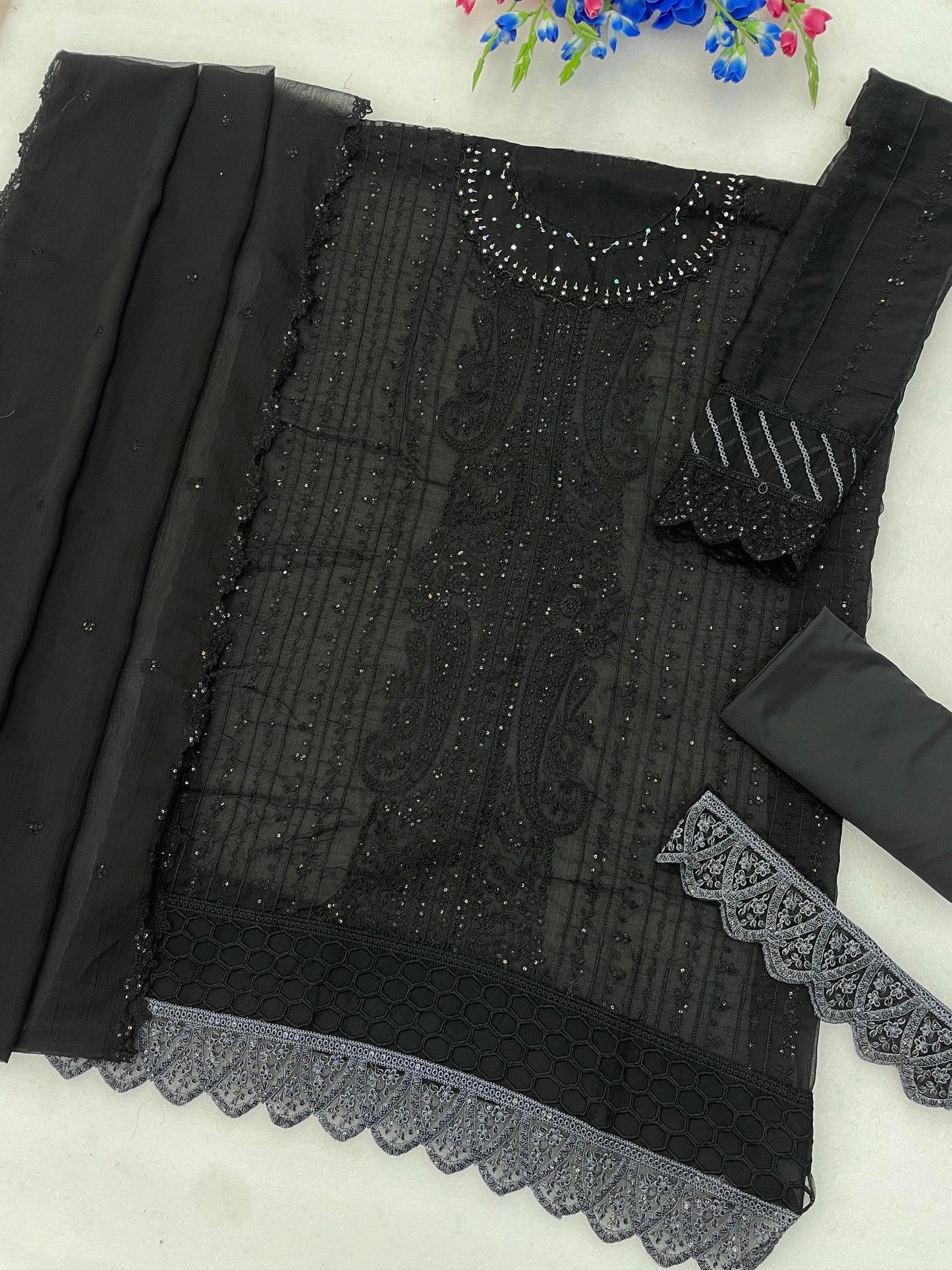 Anaita Black Chiffon Semi Stitched Suit with Thread Embroidery & Sequence Work