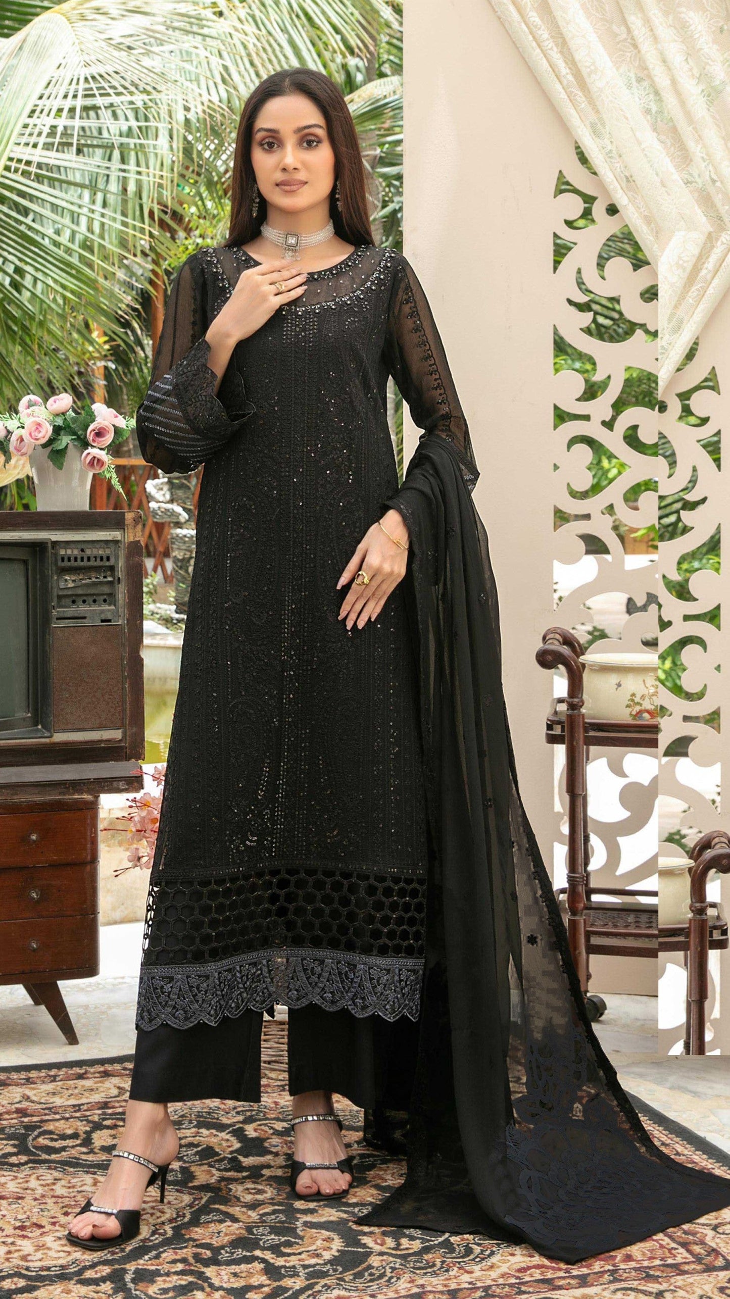 Anaita Black Chiffon Semi Stitched Suit with Thread Embroidery & Sequence Work