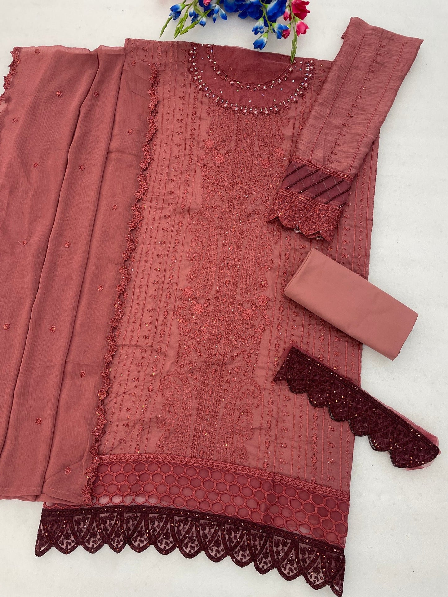 Anaita D Peach Chiffon Semi Stitched Suit with Thread Embroidery & Sequence Work