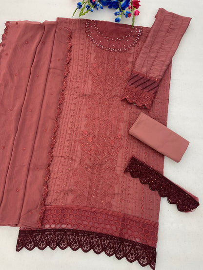 Anaita D Peach Chiffon Semi Stitched Suit with Thread Embroidery & Sequence Work
