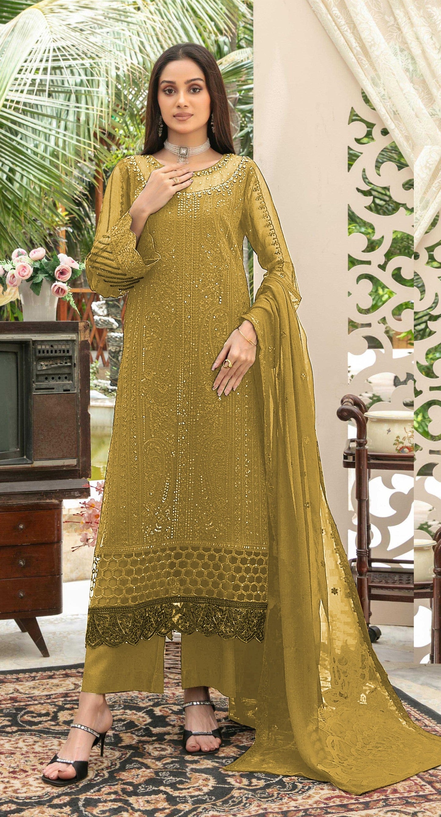 Anaita Mustard Chiffon Semi Stitched Suit with Thread Embroidery & Sequence Work