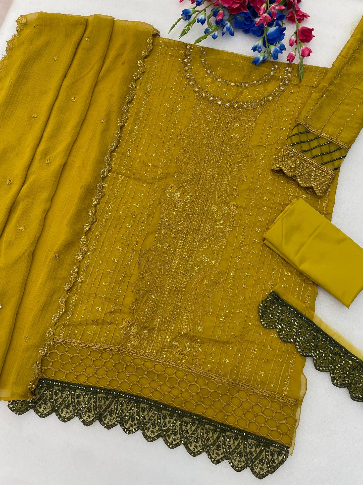 Anaita Mustard Chiffon Semi Stitched Suit with Thread Embroidery & Sequence Work