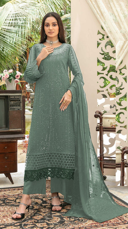 Anaita Sea Green Chiffon Semi Stitched Suit with Thread Embroidery & Sequence Work