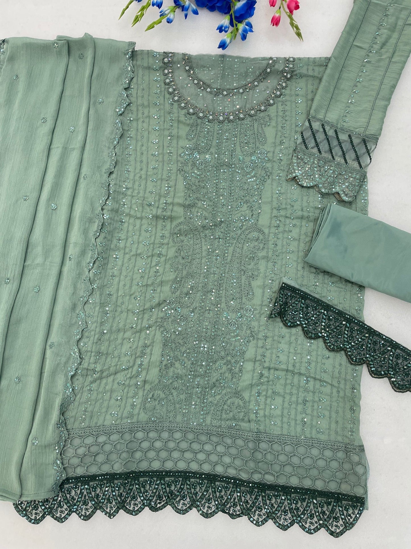 Anaita Sea Green Chiffon Semi Stitched Suit with Thread Embroidery & Sequence Work