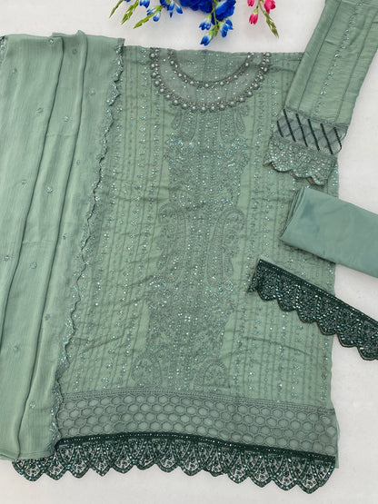 Anaita Sea Green Chiffon Semi Stitched Suit with Thread Embroidery & Sequence Work
