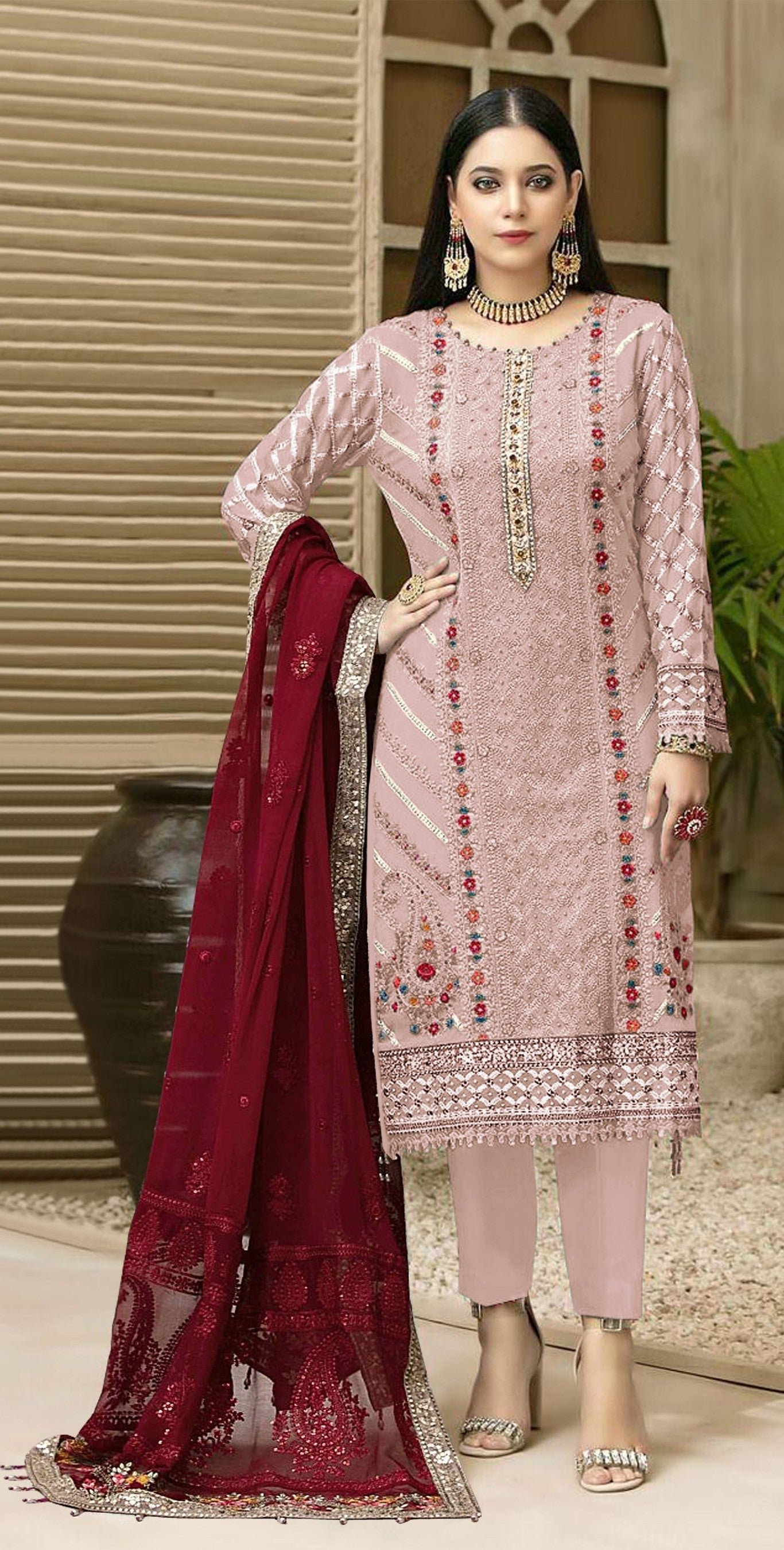 Anaita Pink Chiffon Semi Stitched Suit with Thread Embroidery & Sequence Work