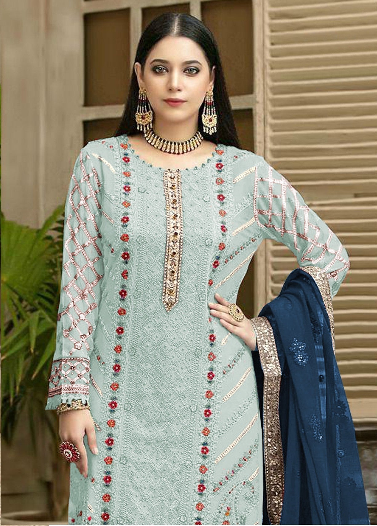 Anaita Blue Chiffon Semi Stitched Suit with Thread Embroidery & Sequence Work