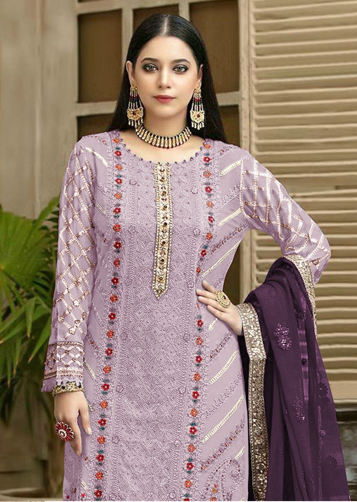 Anaita Lavender Chiffon Semi Stitched Suit with Thread Embroidery & Sequence Work