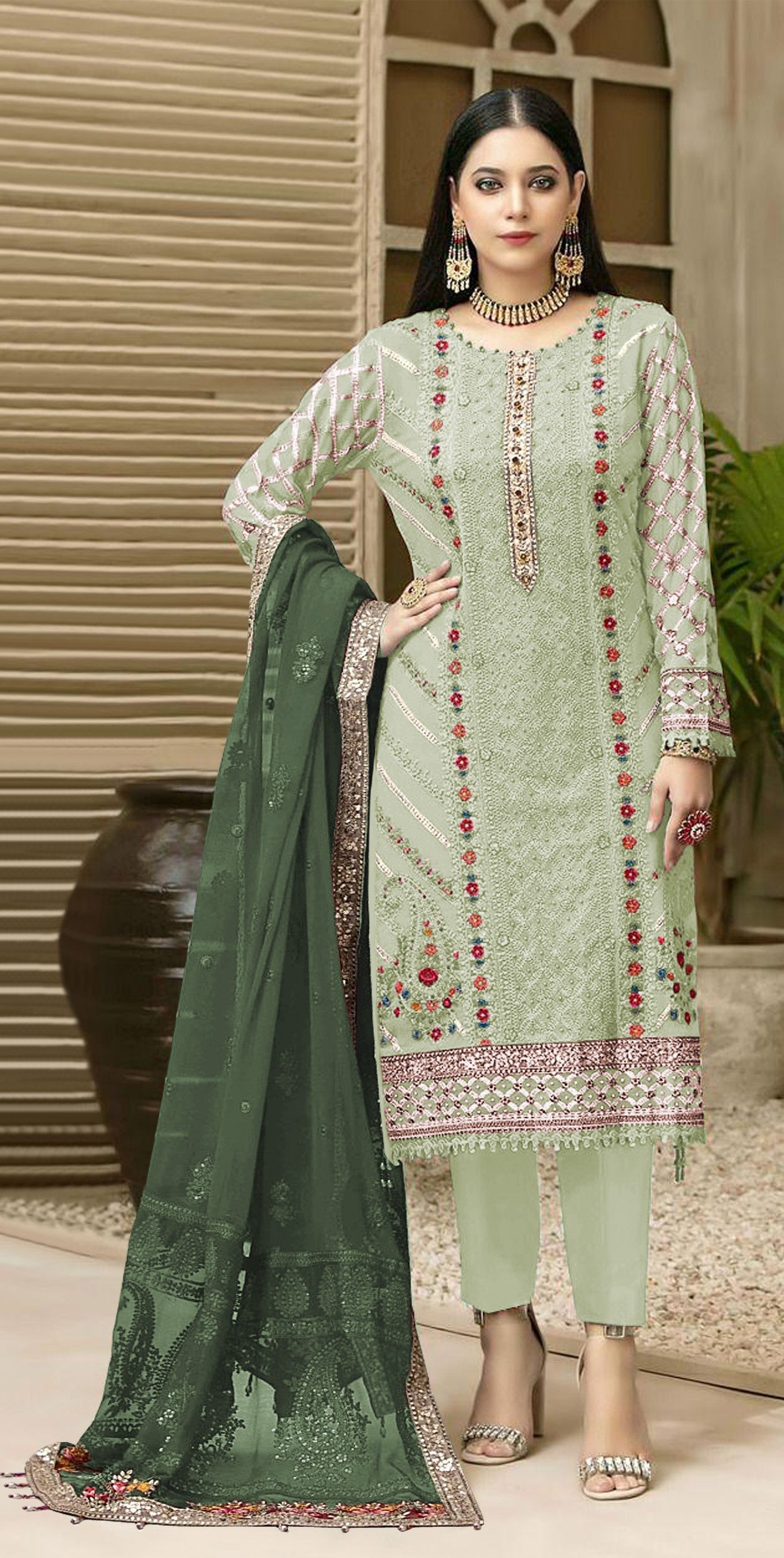 Anaita Green Chiffon Semi Stitched Suit with Thread Embroidery & Sequence Work
