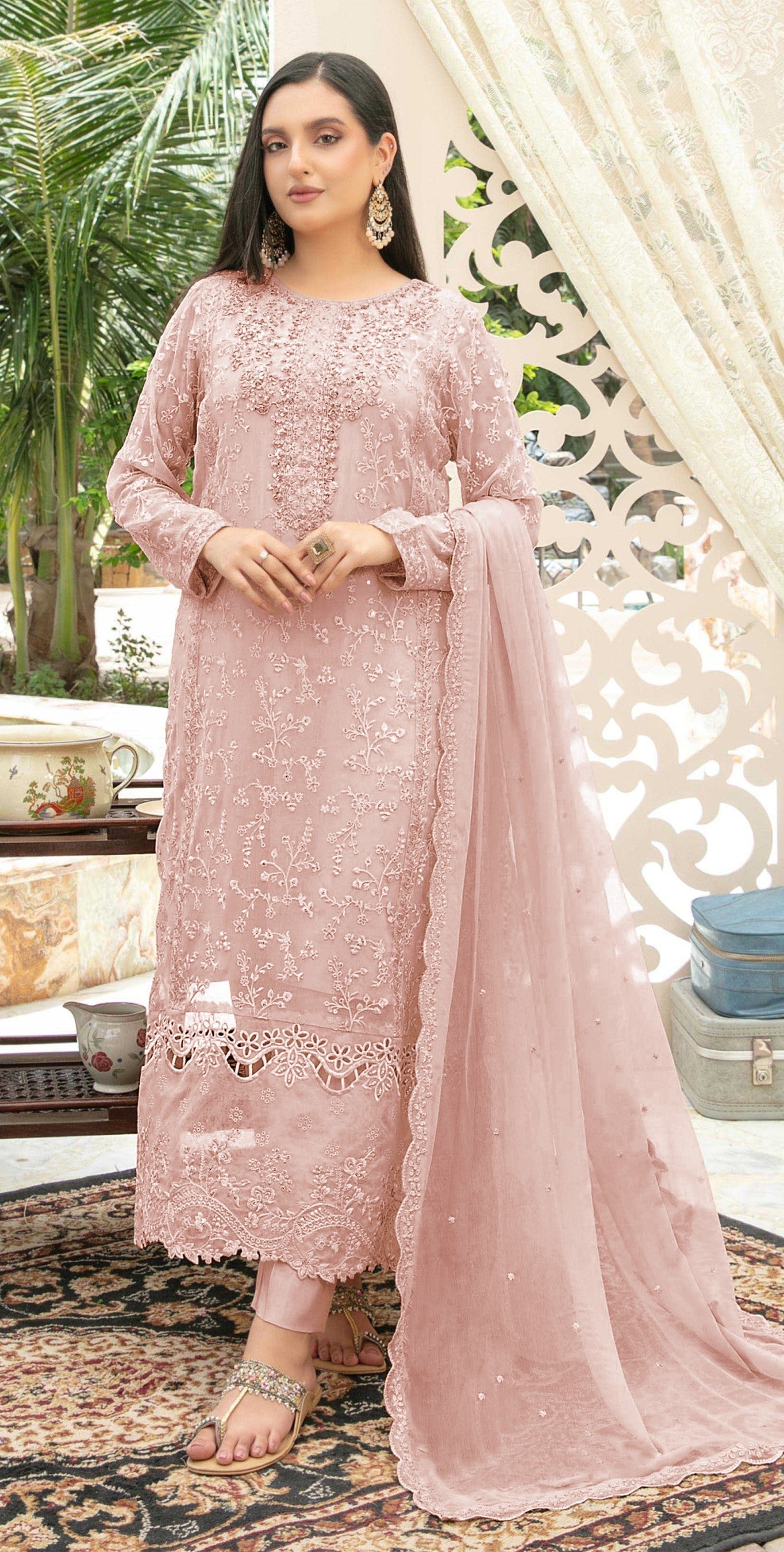 Anaita Pink Chiffon Semi Stitched Suit with Thread Embroidery & Sequence Work