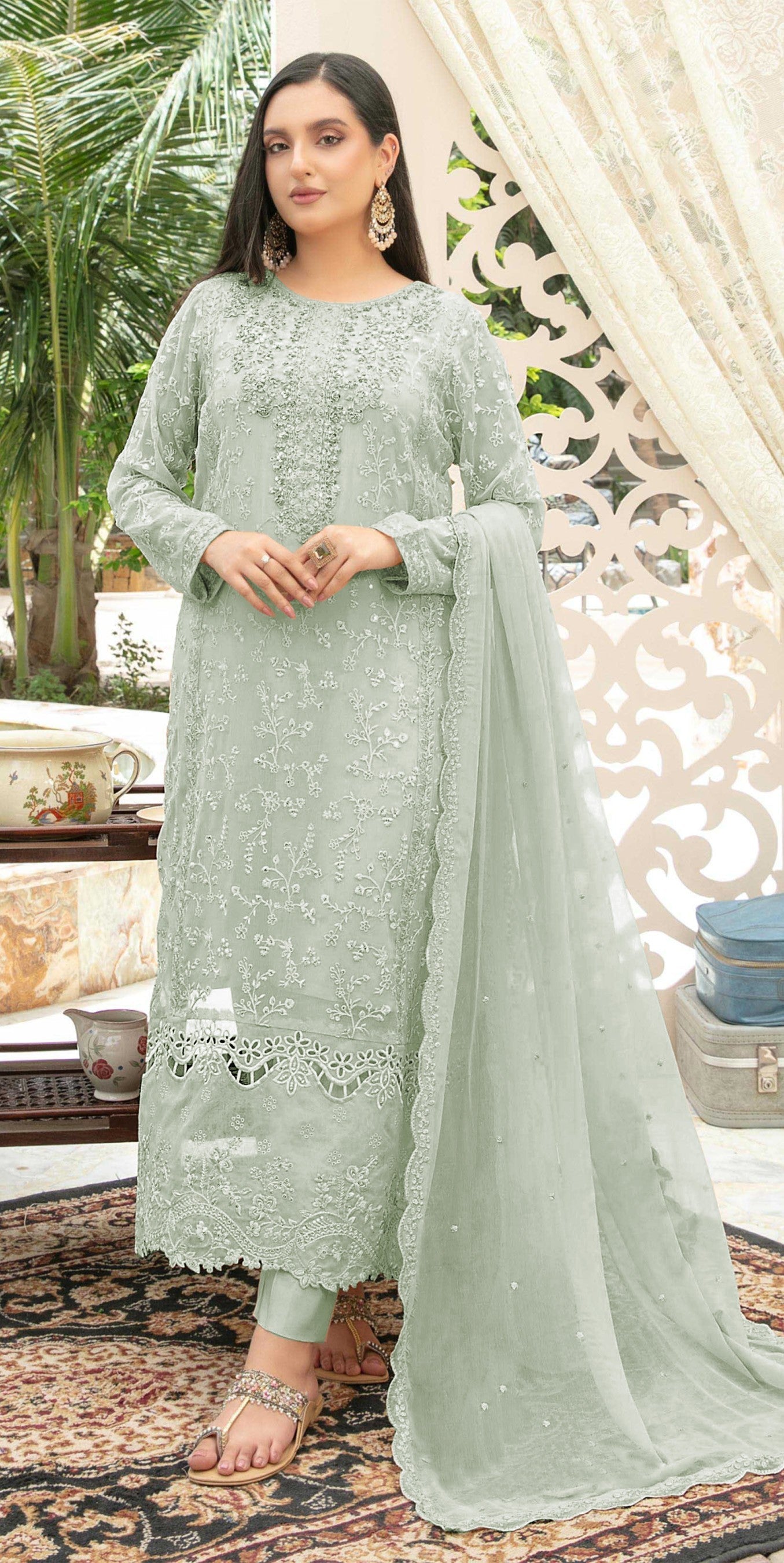 Anaita Sea Green Chiffon Semi Stitched Suit with Thread Embroidery & Sequence Work