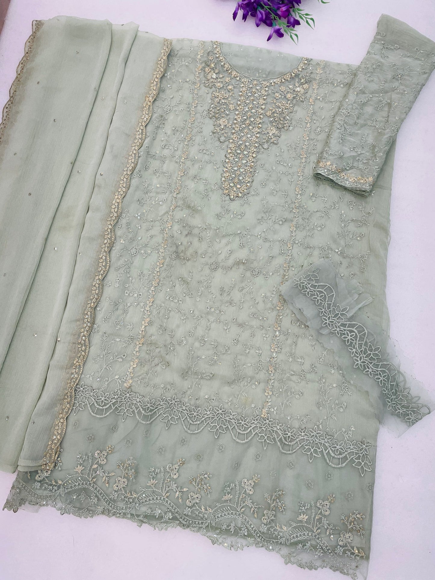 Anaita Sea Green Chiffon Semi Stitched Suit with Thread Embroidery & Sequence Work