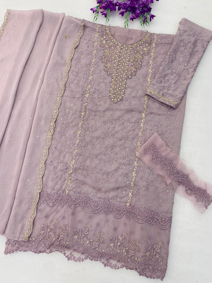 Anaita Lavender Chiffon Semi Stitched Suit with Thread Embroidery & Sequence Work