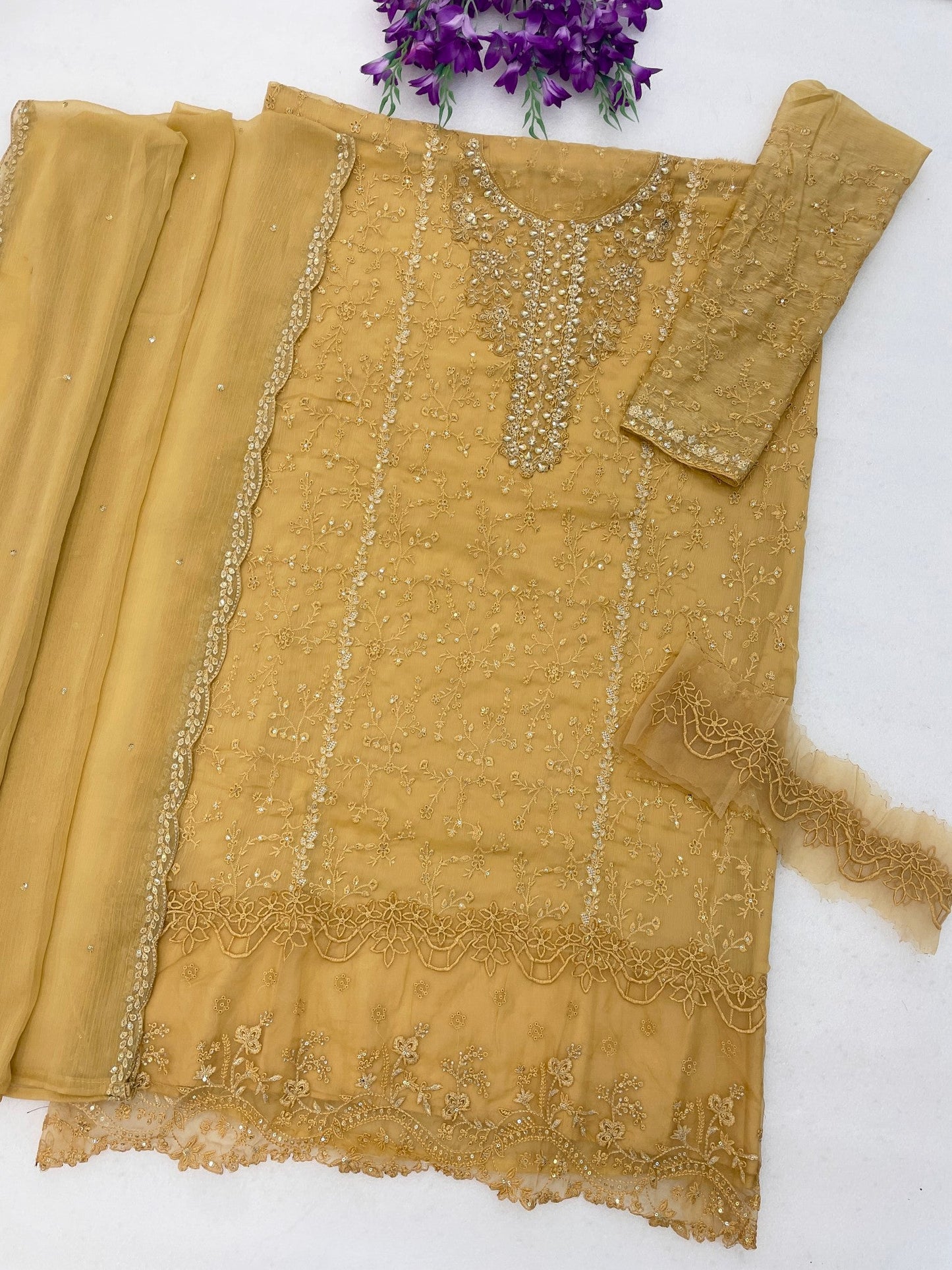 Anaita Yellow Chiffon Semi Stitched Suit with Thread Embroidery & Sequence Work