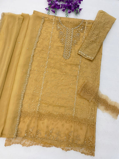 Anaita Yellow Chiffon Semi Stitched Suit with Thread Embroidery & Sequence Work